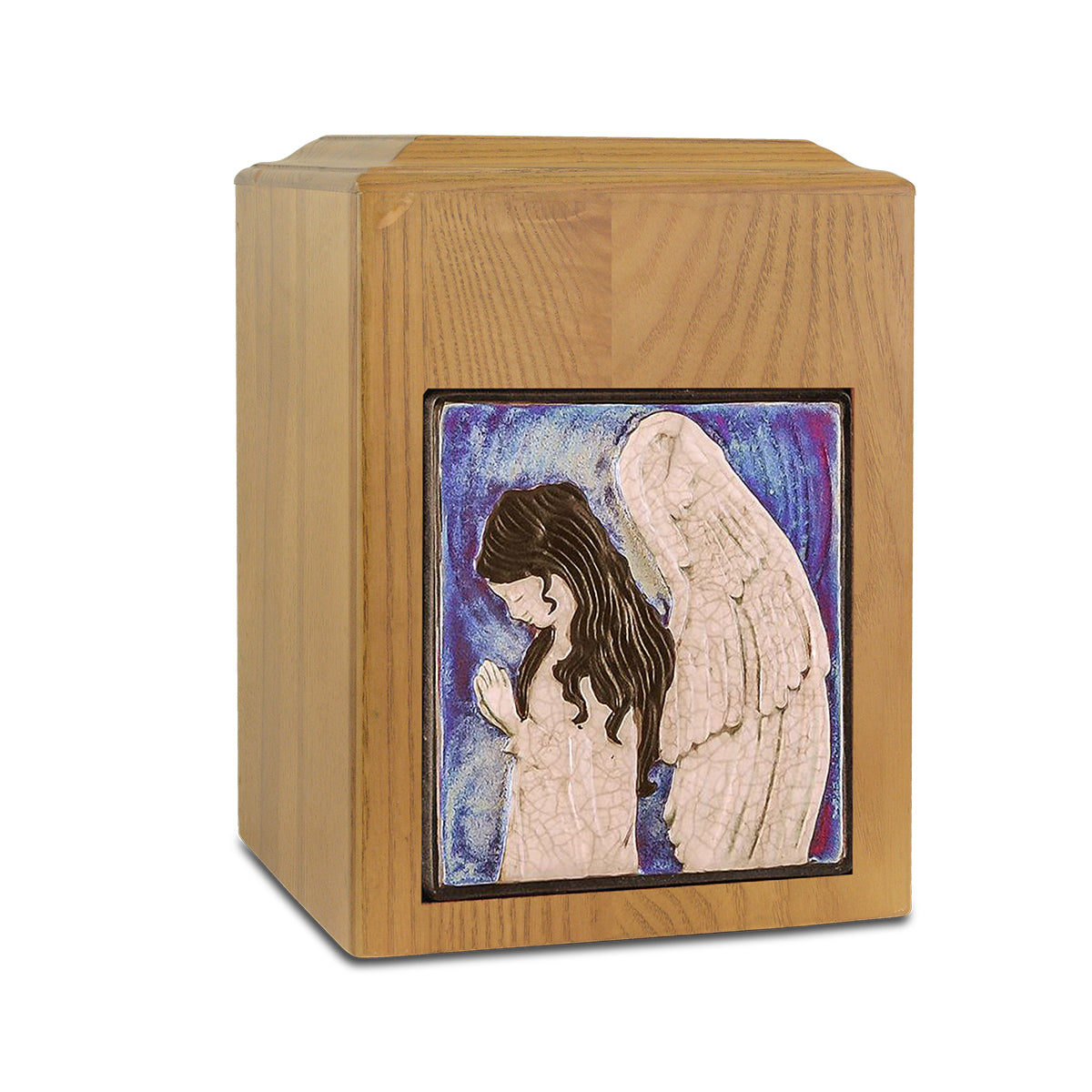 Wood cremation urn with warm finish and raised angel figure on the front panel