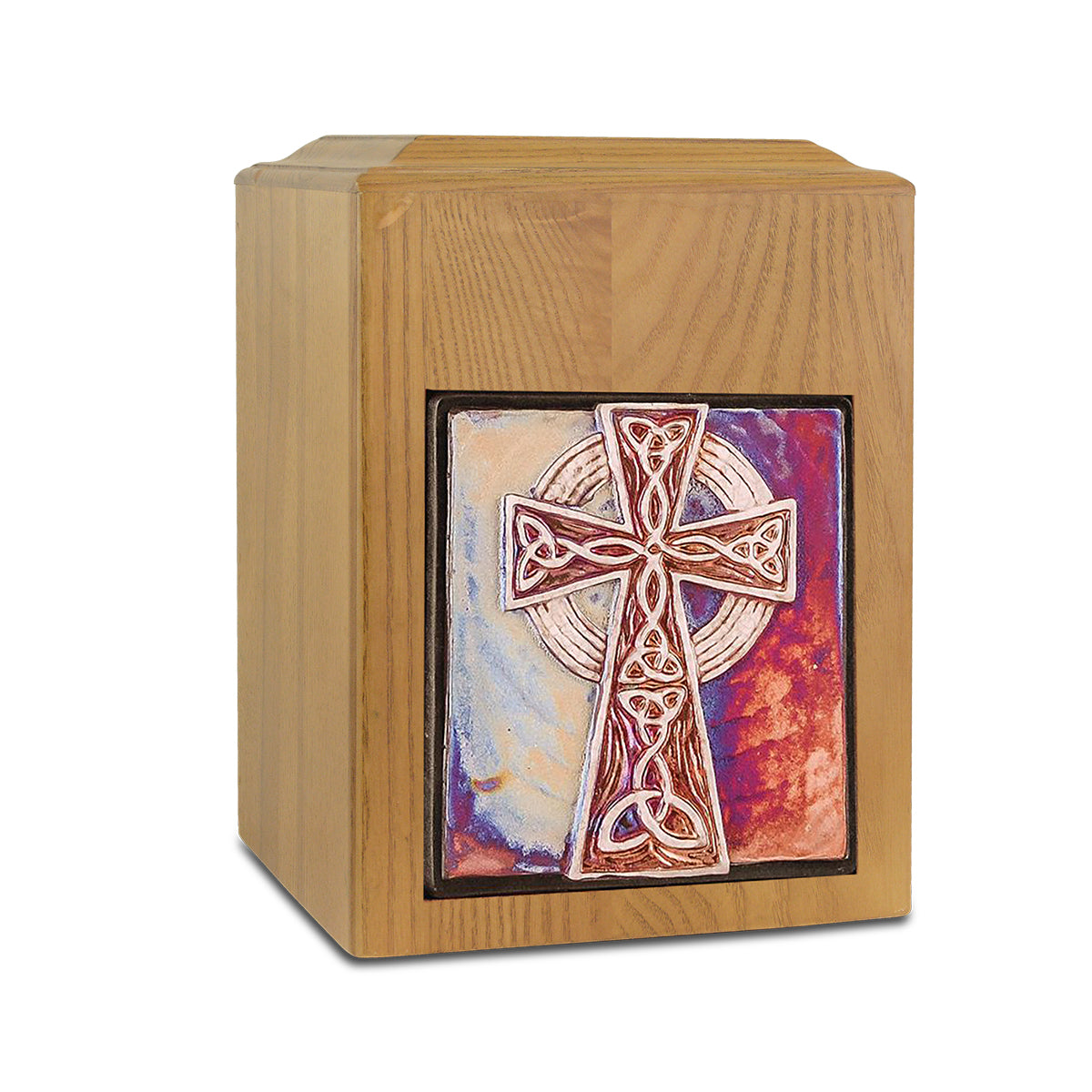 Wood cremation urn with a raised cross on the front and unbroken grain around the body