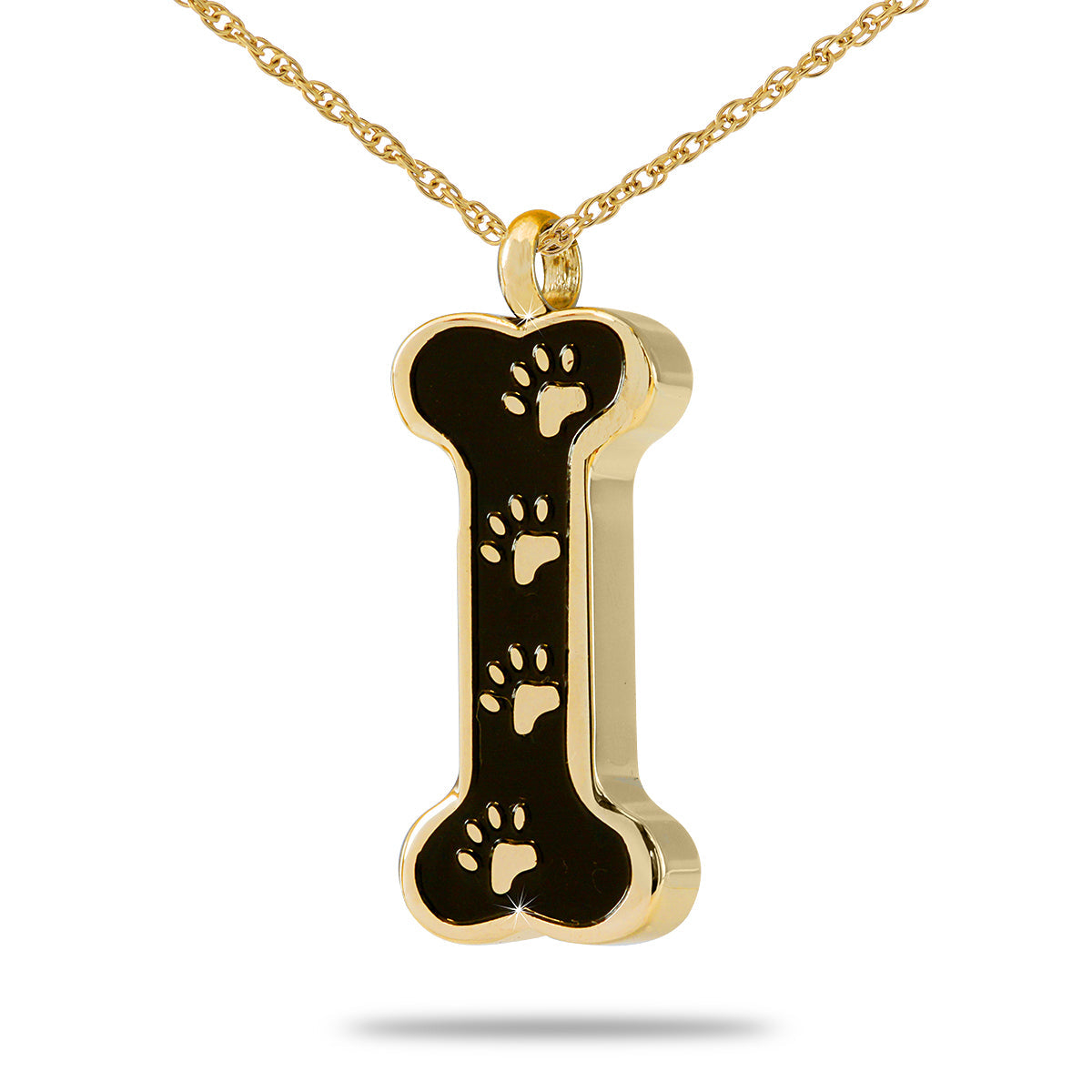 Gold-toned dog bone shaped pet keepsake pendant with a smooth polished surface