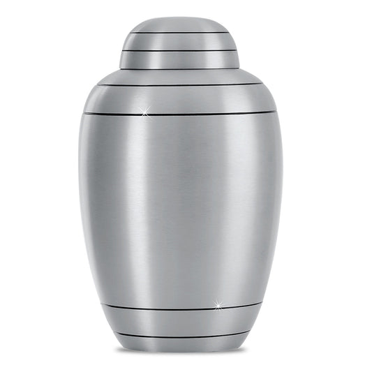Plain metal cremation urn with a smooth undecorated body and rounded shoulders