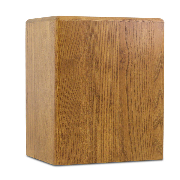 Tall upright wooden cremation urn with visible grain, smooth finish and a fitted lid