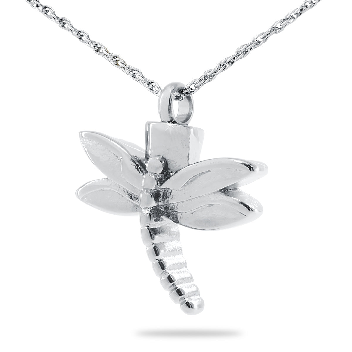 Stainless steel dragonfly pendant with open wings and cut vein lines, no color or stones