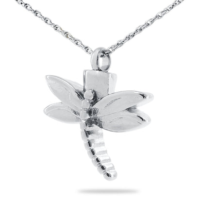 Stainless steel dragonfly pendant with open wings and cut vein lines, no color or stones