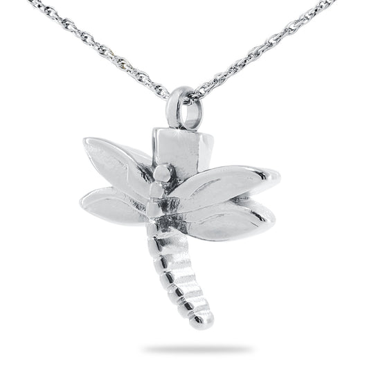Stainless steel dragonfly pendant with open wings and cut vein lines, no color or stones