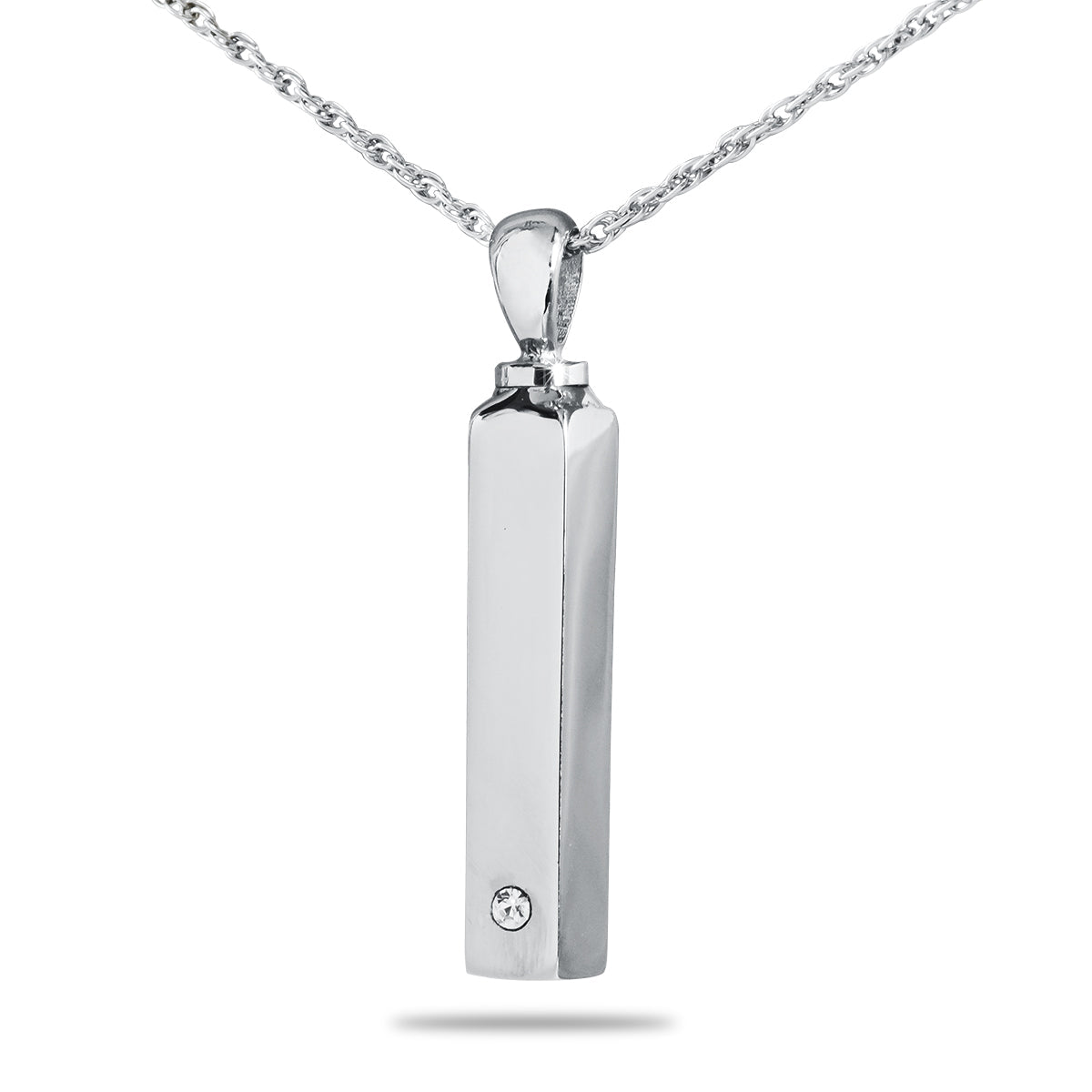 Slim vertical steel bar pendant set with a line of small clear crystals down the front