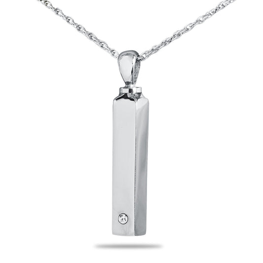 Slim vertical steel bar pendant set with a line of small clear crystals down the front