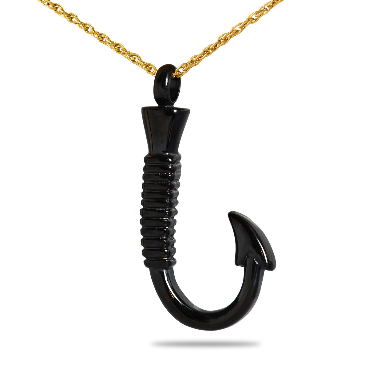 Matte black stainless steel fishing hook pendant with gunmetal finish, hanging point down
