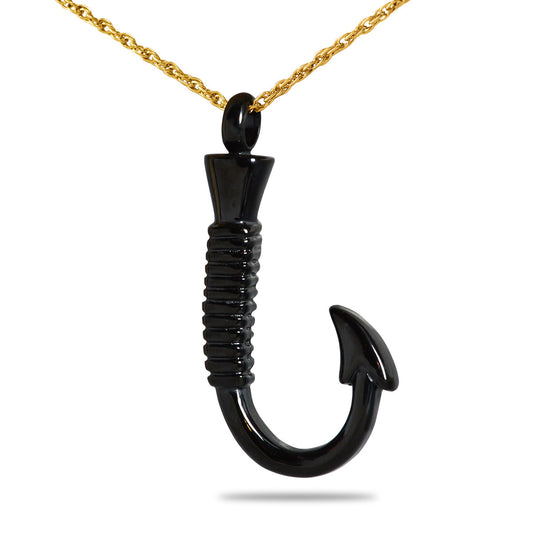 Matte black stainless steel fishing hook pendant with gunmetal finish, hanging point down