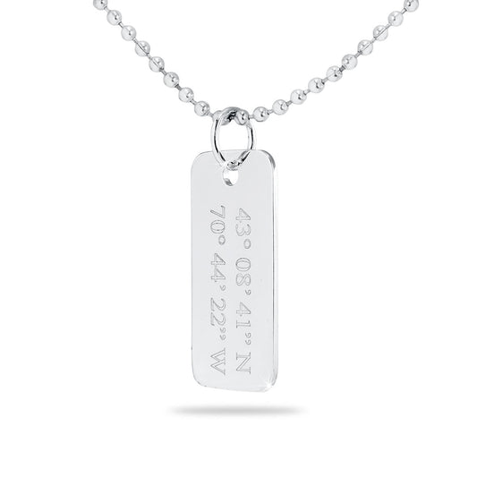 Stainless steel military-style dog tag pendant with rounded corners on a chain