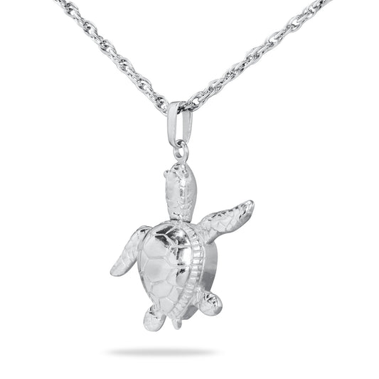 Silver turtle pendant one inch across with a segmented shell and short blunt legs