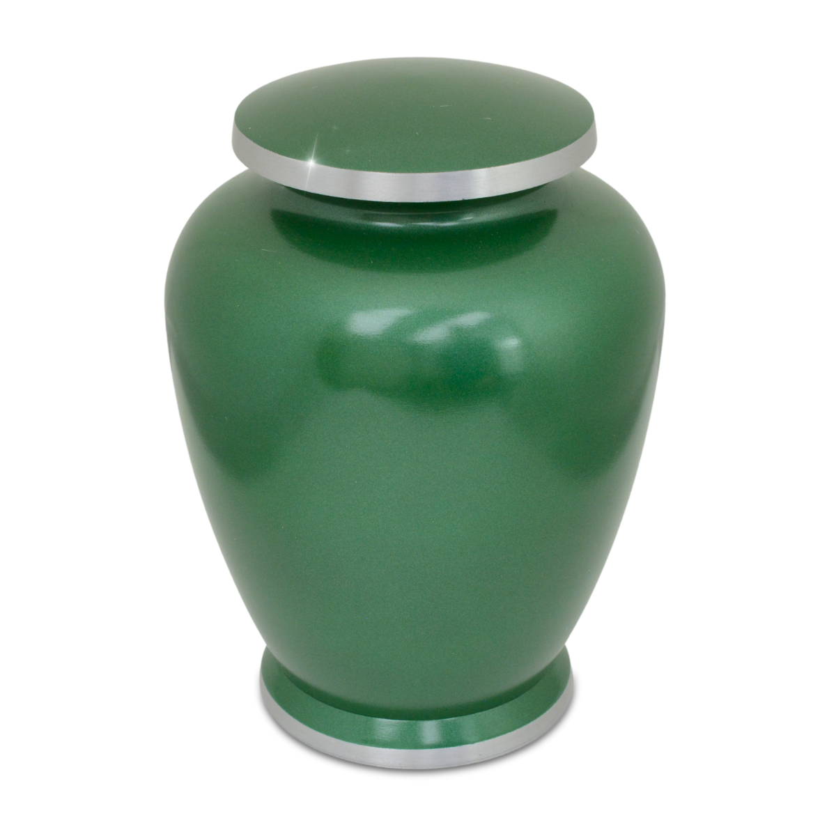 Tall aluminum cremation urn with a forest tree pattern worked around the body