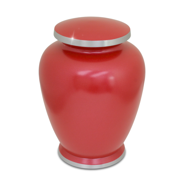 Aluminum cremation urn finished in deep ruby red with a smooth curved profile