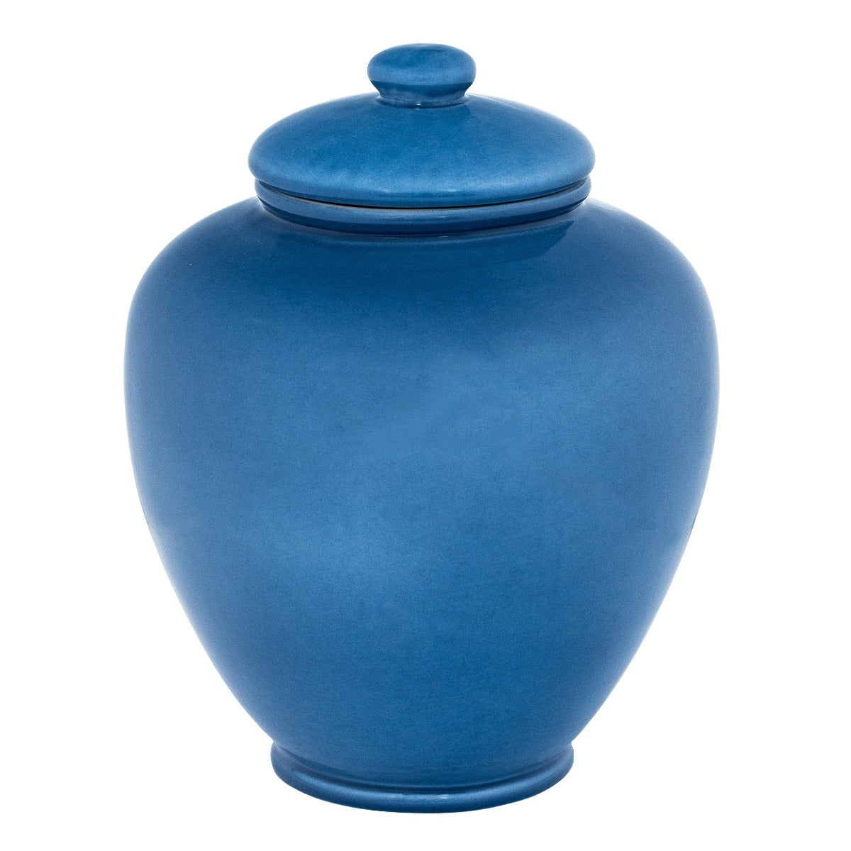 Hand-glazed ceramic cremation urn with tapered shoulder and lift-off lid, 9.5 inches tall