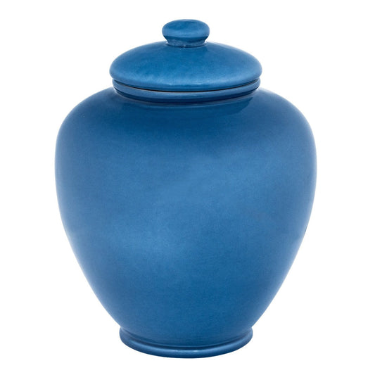 Hand-glazed ceramic cremation urn with tapered shoulder and lift-off lid, 9.5 inches tall
