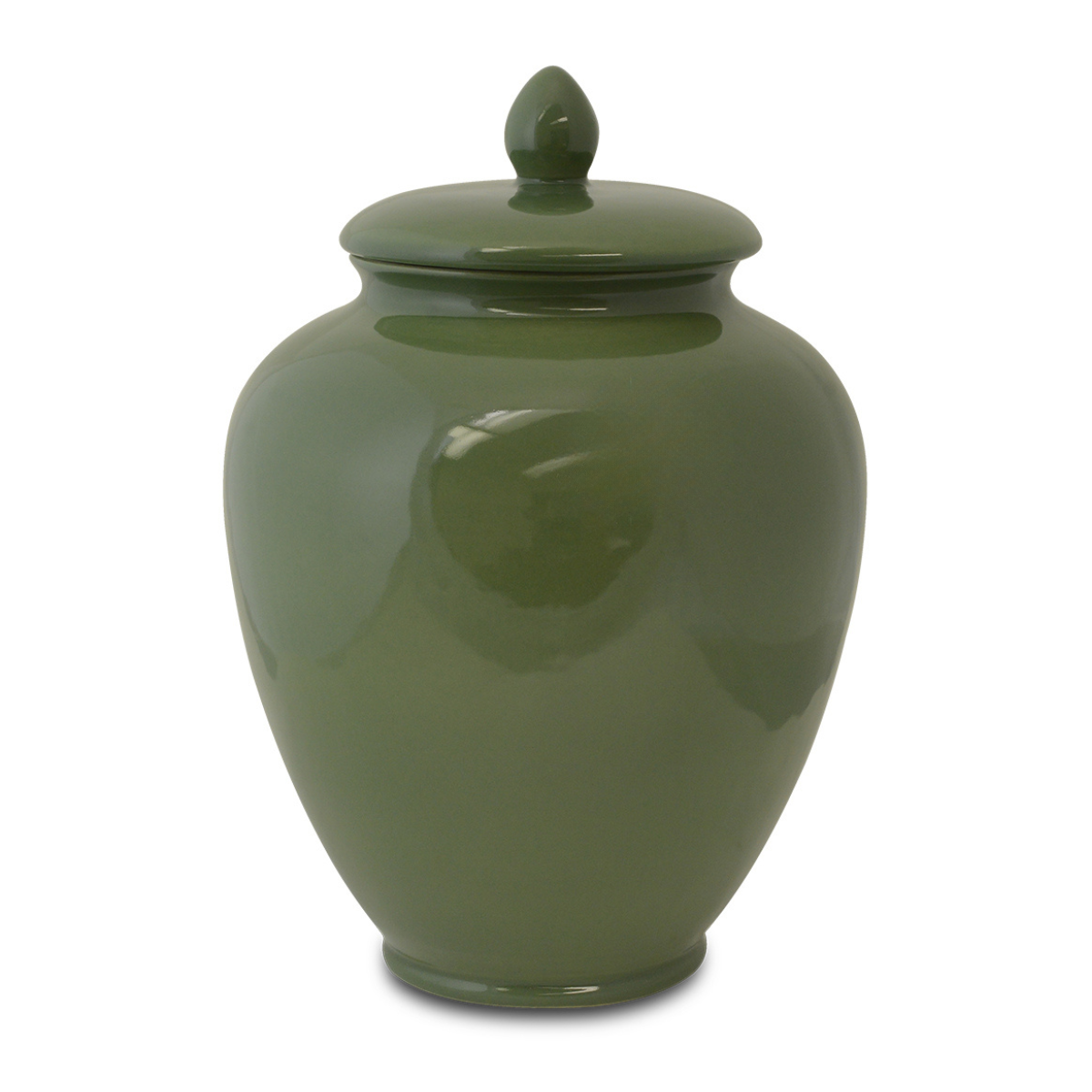 Plain hand-glazed ceramic cremation urn, eleven inches tall, with lift-off lid