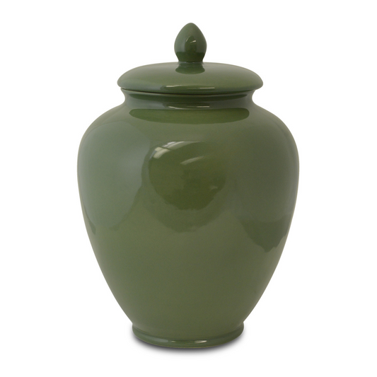 Plain hand-glazed ceramic cremation urn, eleven inches tall, with lift-off lid