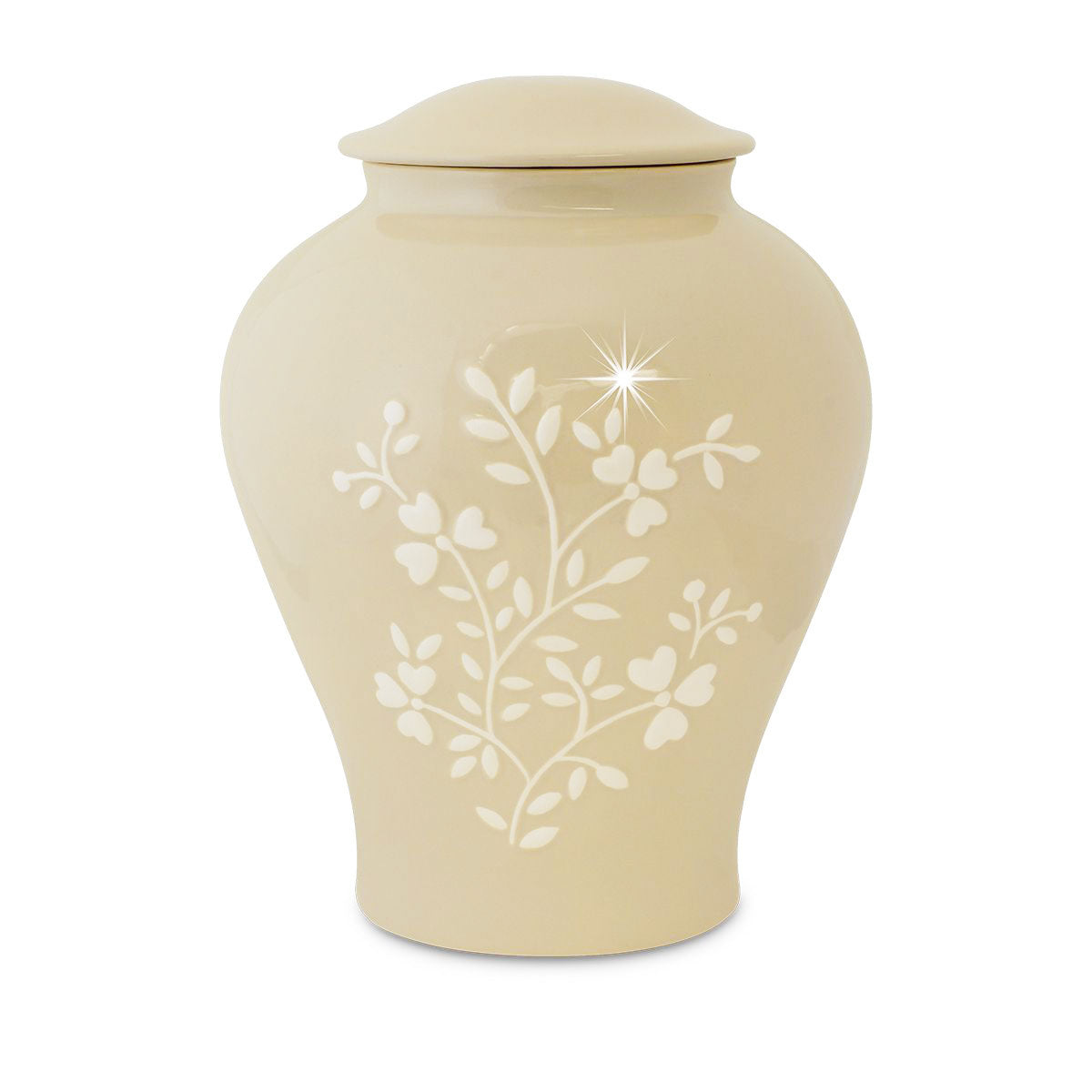 Ceramic cremation urn painted with spring flowers around the body, twelve inches tall