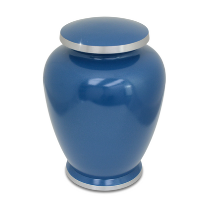 Bright blue spun aluminum cremation urn with a wide low body and a glossy finish