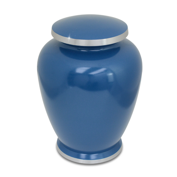 Bright blue spun aluminum cremation urn with a wide low body and a glossy finish