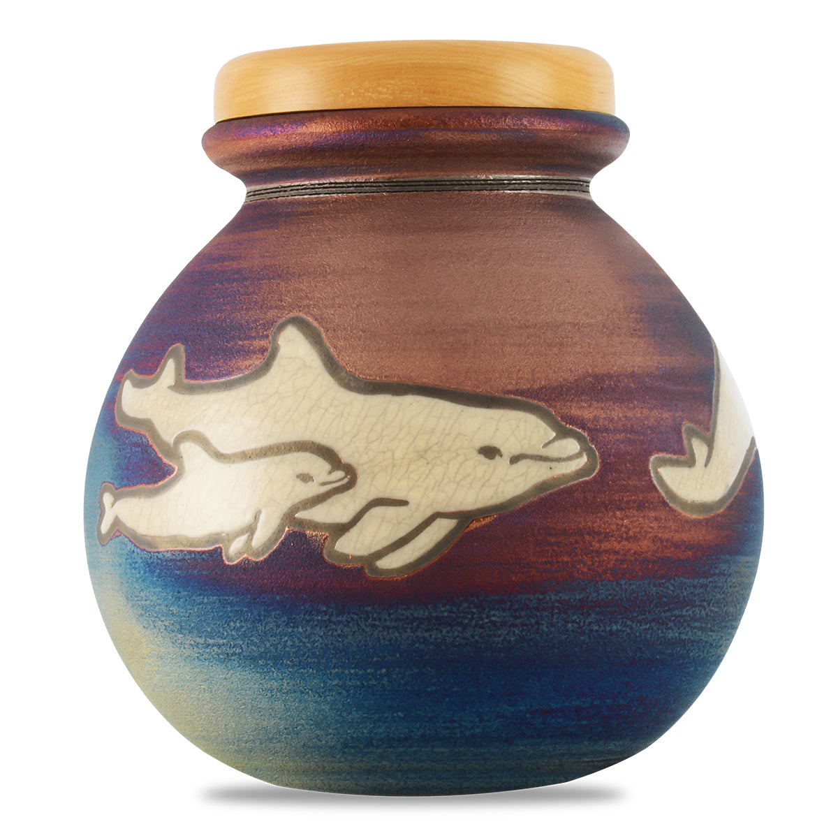 Ceramic Raku urn with dolphins arcing across a deep blue and copper crackled glaze