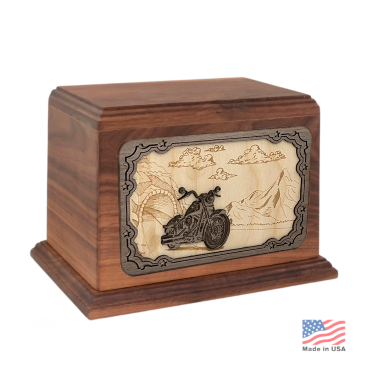 Wood cremation urn carved with a three-dimensional motorcycle in relief on the front