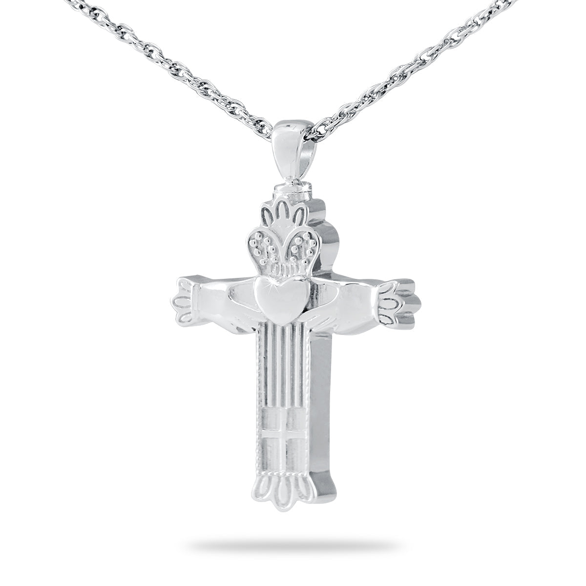 Stainless steel cross pendant with Claddagh hands holding a crowned heart at center