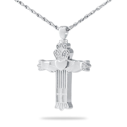 Stainless steel cross pendant with Claddagh hands holding a crowned heart at center