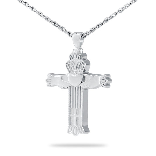 Stainless steel cross pendant with Claddagh hands holding a crowned heart at center