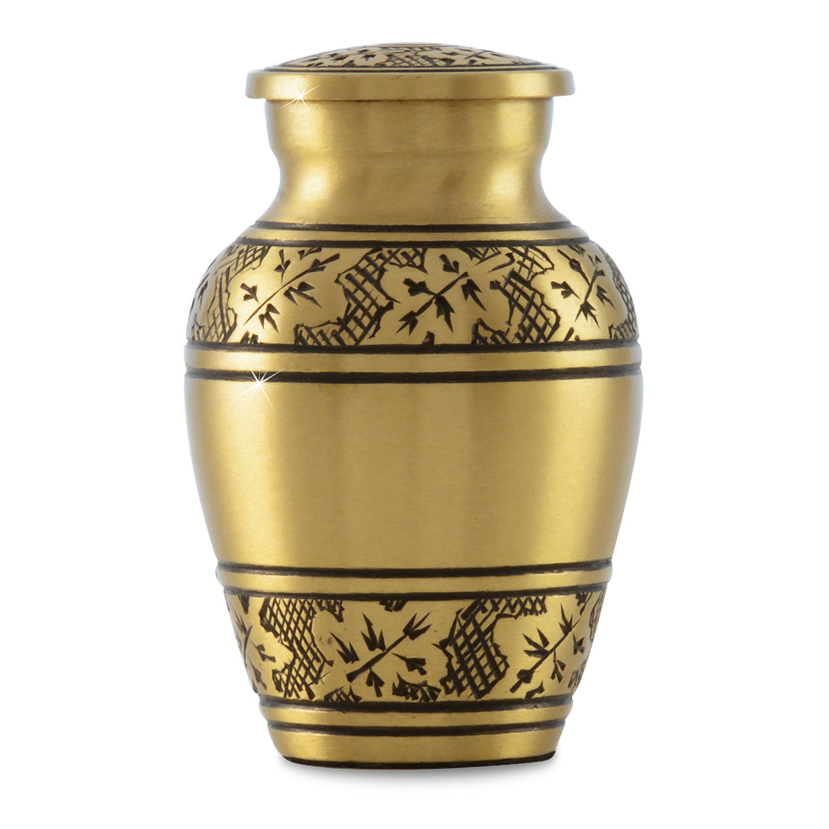 Small brass keepsake urn with a raised maple leaf on the front face