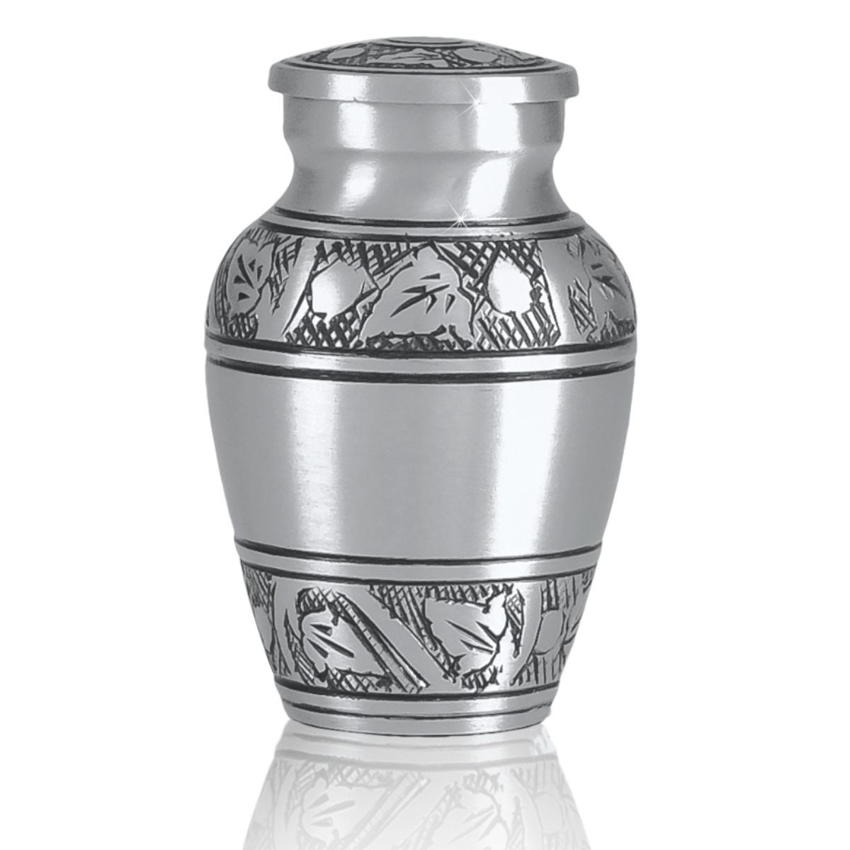 Pewter-finish keepsake urn with a raised vine pattern banding the middle