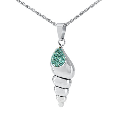 Narrow stainless steel pendant shaped like a ribbed scallop shell, silver finish