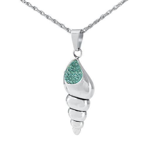 Narrow stainless steel pendant shaped like a ribbed scallop shell, silver finish