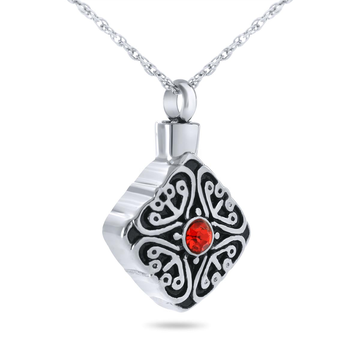Stainless steel pendant with a faceted deep red crystal ringed by fine metal detailing