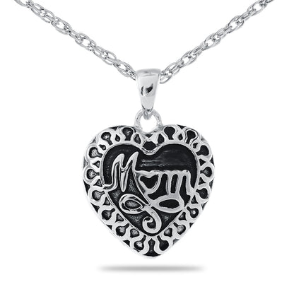 Stainless steel pendant with the word Mom cut through the front in script lettering