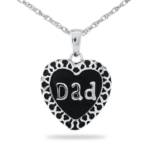 Upright stainless steel pendant with the word Dad cut through the front panel