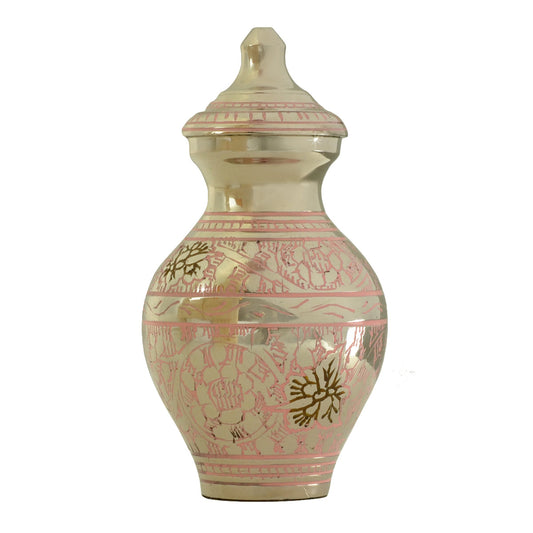 Pale pink keepsake urn painted with a garden flower pattern and a rounded lid