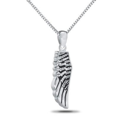 Stainless steel pendant shaped as a single angel wing with feather lines cut into it