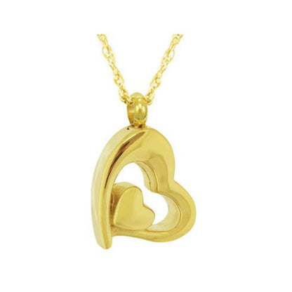 Gold-toned steel pendant, taller than it is wide, with a plain front and a bail
