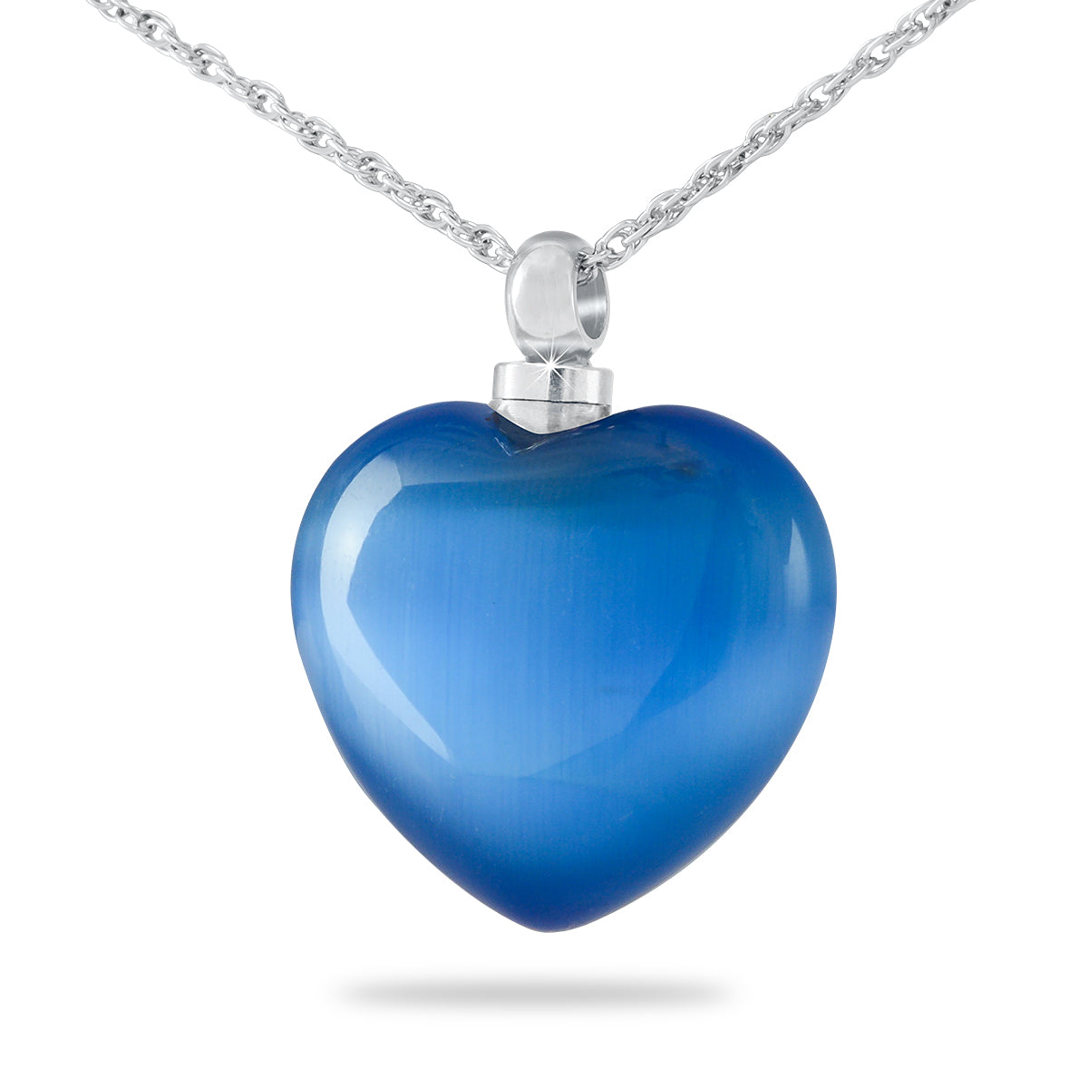 Blue blown glass heart pendant with a stainless steel bail on a slim chain