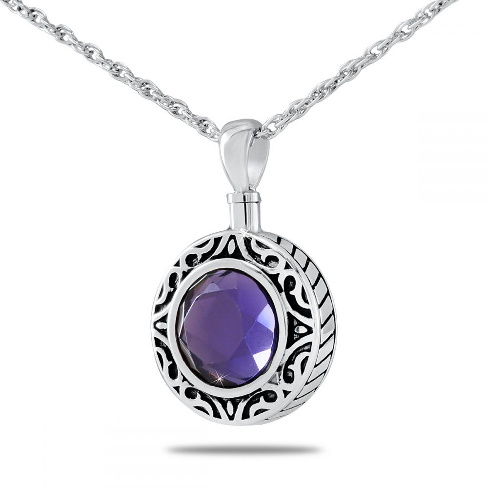 Round silver pendant set with a royal purple amethyst-toned stone, on a silver chain