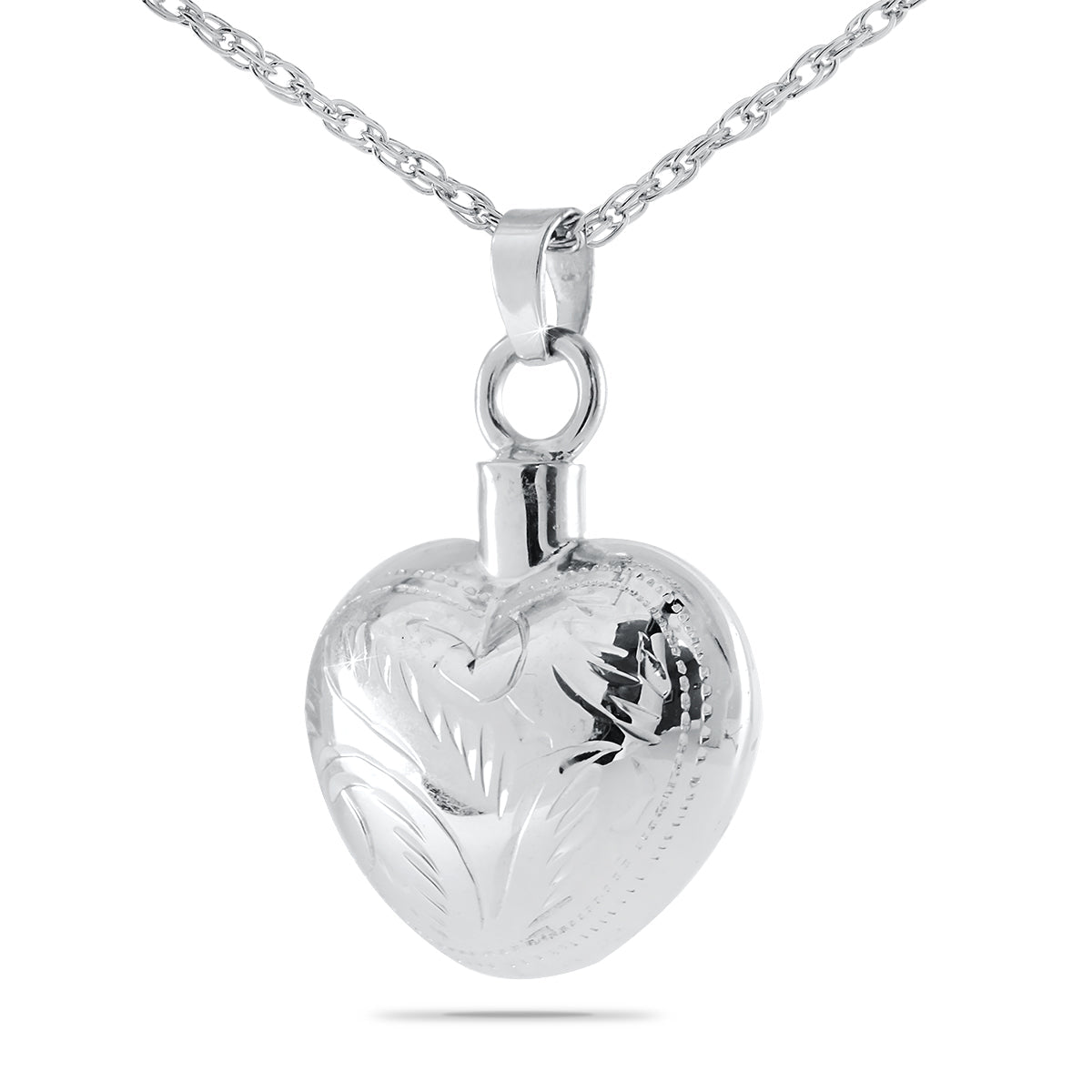 Small polished silver heart pendant, half an inch wide, on a fine silver chain