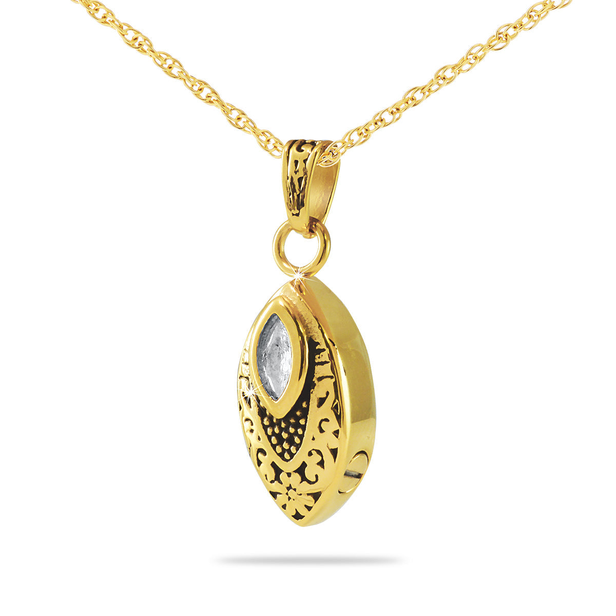 Gold cremation pendant set with a round clear crystal at the center of a polished charm