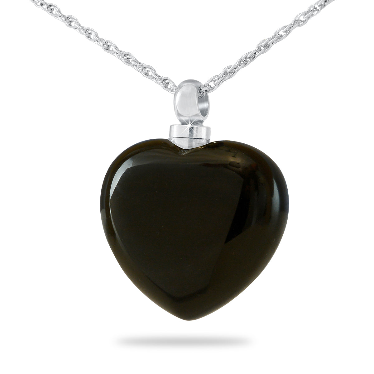 Stainless steel heart pendant with a glossy black glass face on a matching chain