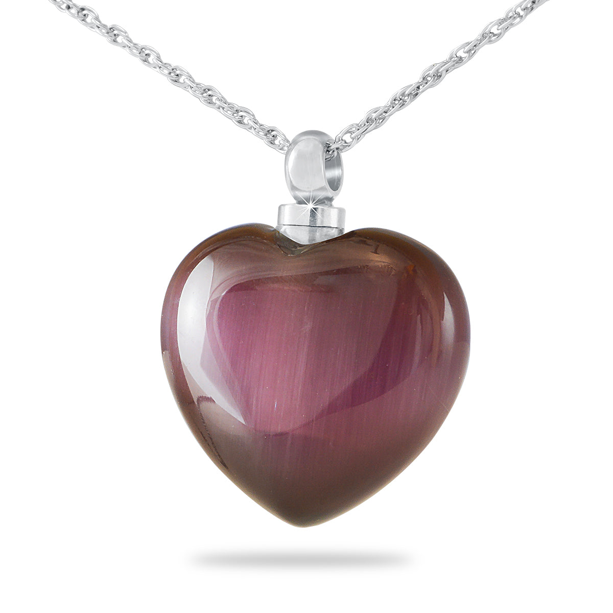 Purple blown glass heart pendant with swirled color, hanging from a fine chain