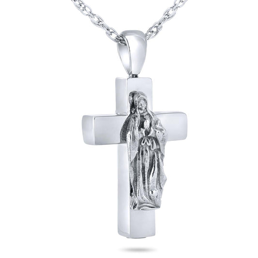 Stainless steel cross pendant with a raised figure of the Virgin Mary at the center