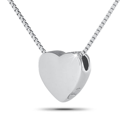 Small silver heart pendant, half an inch across, with a smooth face and a screw plug in the base