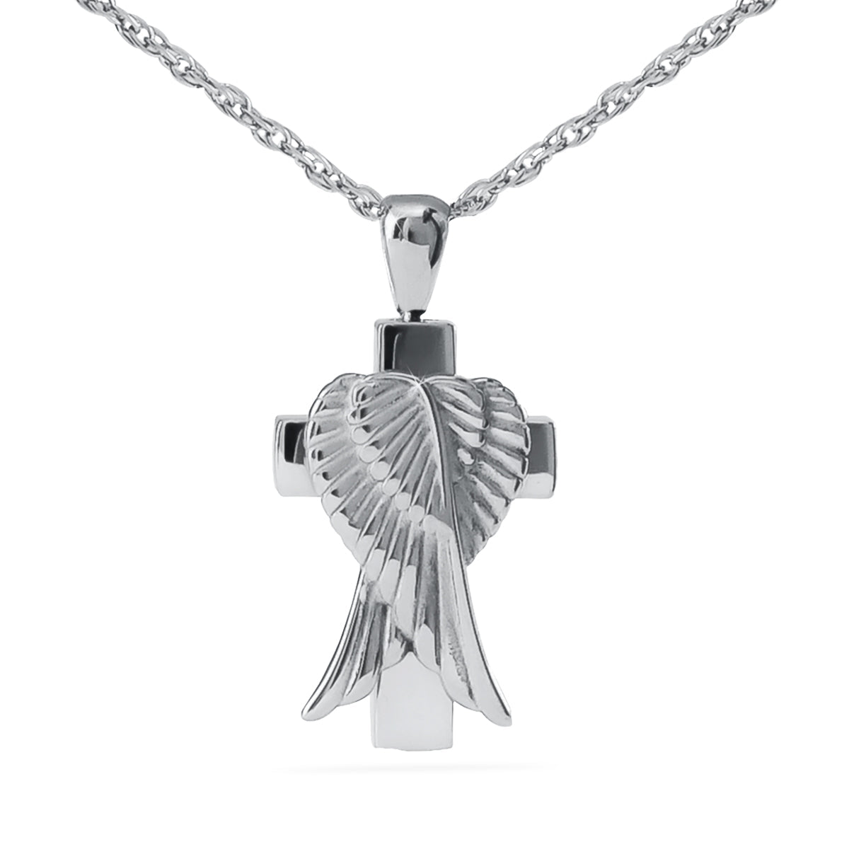 Stainless steel pendant with a pair of upswept wings and feather lines on both sides