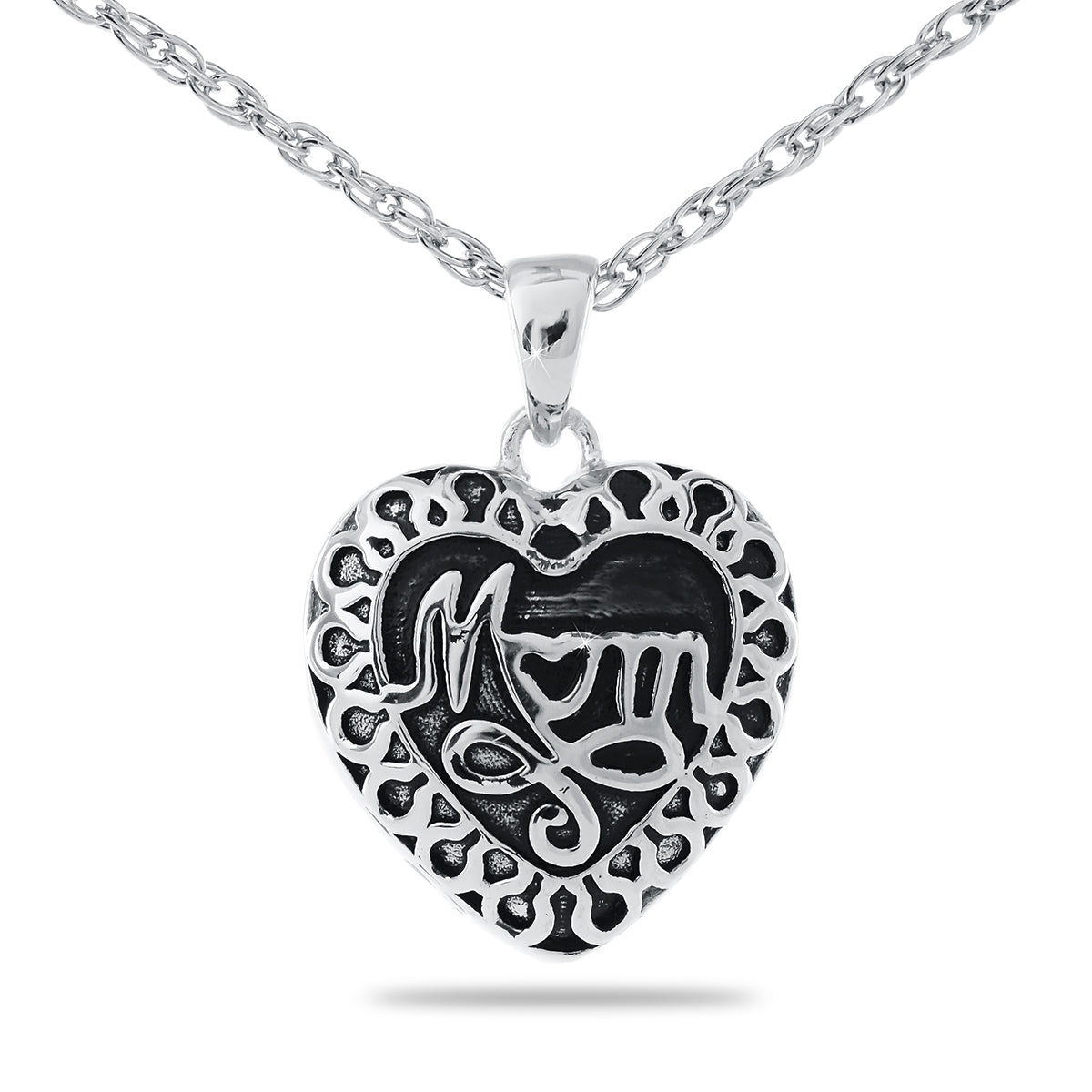 Silver heart-shaped pendant with the word Mom on the front, hanging from a silver chain