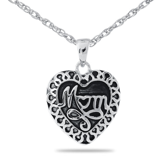 Silver heart-shaped pendant with the word Mom on the front, hanging from a silver chain