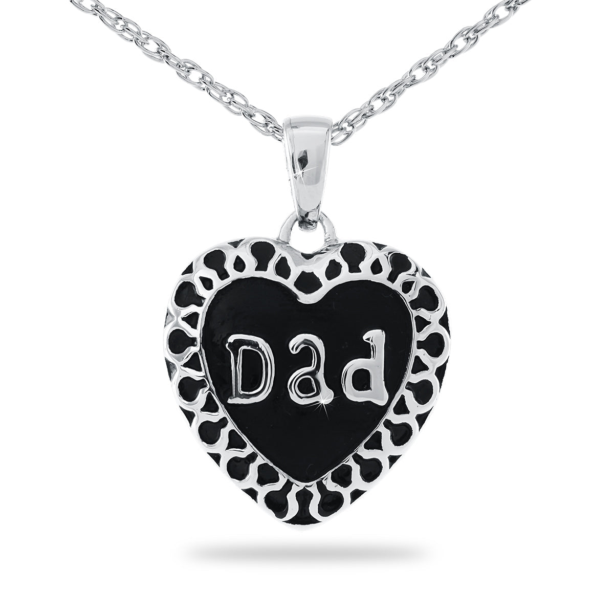 Silver heart-shaped pendant with the word Dad across the front, on a silver chain